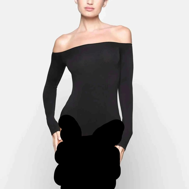 Off-shoulder long sleeve bodysuit in black, highlighting feminine neckline and shoulders.