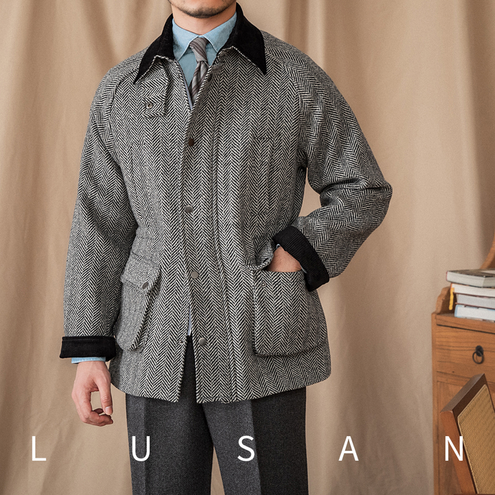 Mr. Lusan 100% wool جاكيت wool herringbone gentleman jacket with velvet collar and cuffs