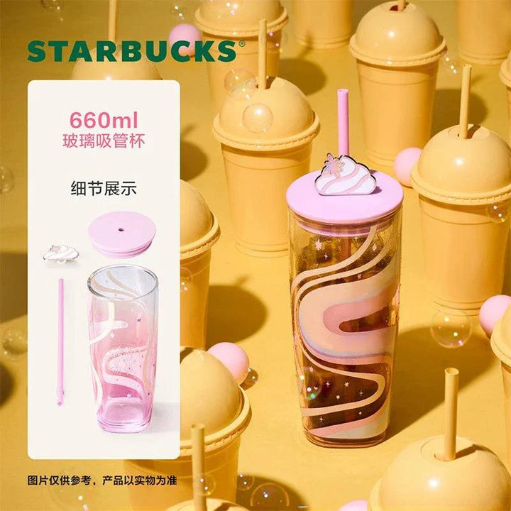 كوب ستاربكس كاب فريبوتشينو تصميم عصري بألوان وردي وأصفر بسعة 660 مل مصنوع من زجاج مزدوج الجدار مع غطاء بلاستيكي ومصاصة وردية