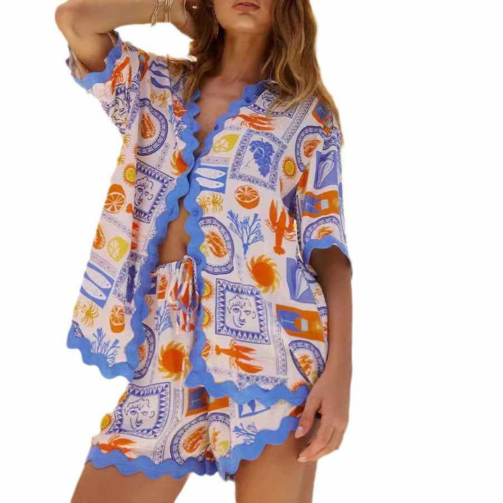 European and American fashion lace wave shirt short suit, 2024 casual versatile design.