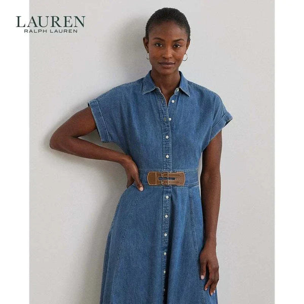 فستان دنيم كلاسيكي نسائي من Lauren by Ralph Lauren بحزام جلدي مزدوج وياقة وقميص بأزرار أمامية