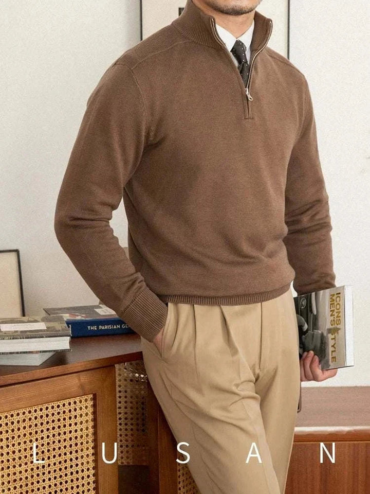 Mr. Lusan Italian slim stand collar sweater in brown with zipper and ribbed cuffs for a sleek, elegant fit