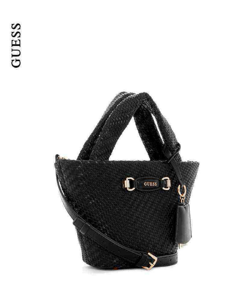 Black woven synthetic leather GUESS handbag with top handle and adjustable shoulder strap.