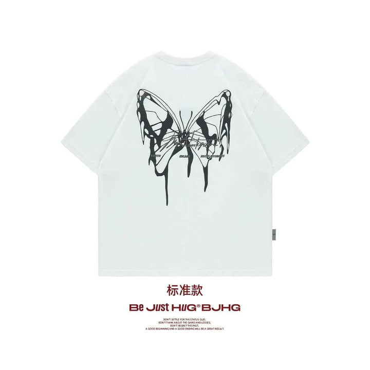 White reflective butterfly print T-shirt with modern youth design by BJHG.