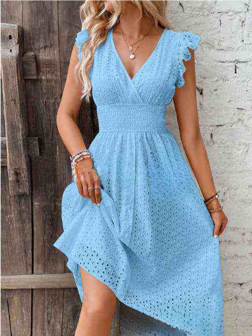 Elegant blue V-neck dress with ruffle sleeves and cut-out design for women.