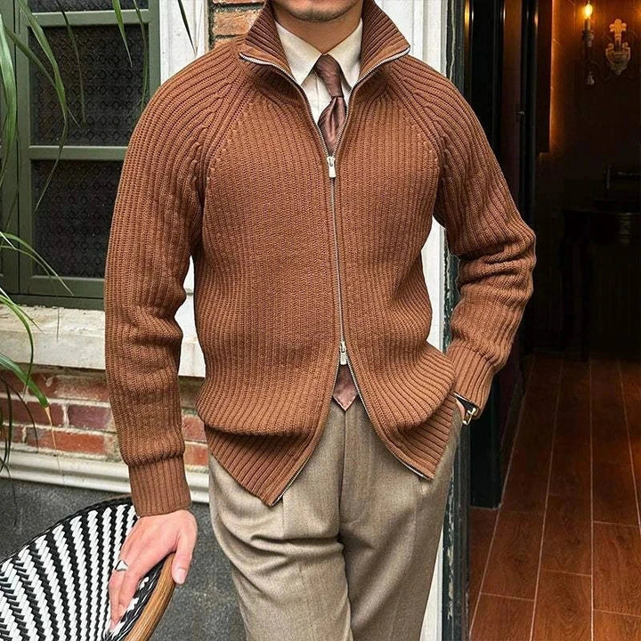 Mr. Lusan cardigan retro slim knit zip-up brown ribbed stylish men's sweater