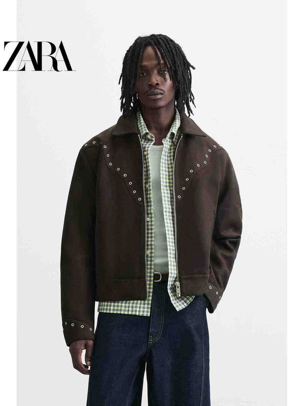 ZARA2025 Jacket  رجالي فضفاض من زارا 2025 بتأثير الملمس الشبيه بالجلد المخملي