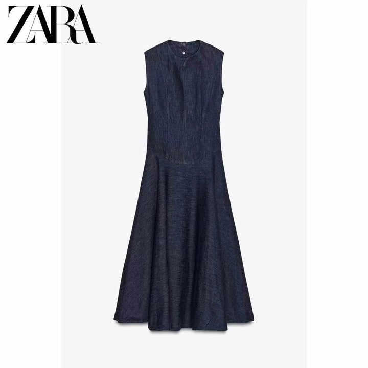 فستان دنيم ميدي نسائي جديد لخريف ZARA2025 بتصميم أنيق بدون أكمام