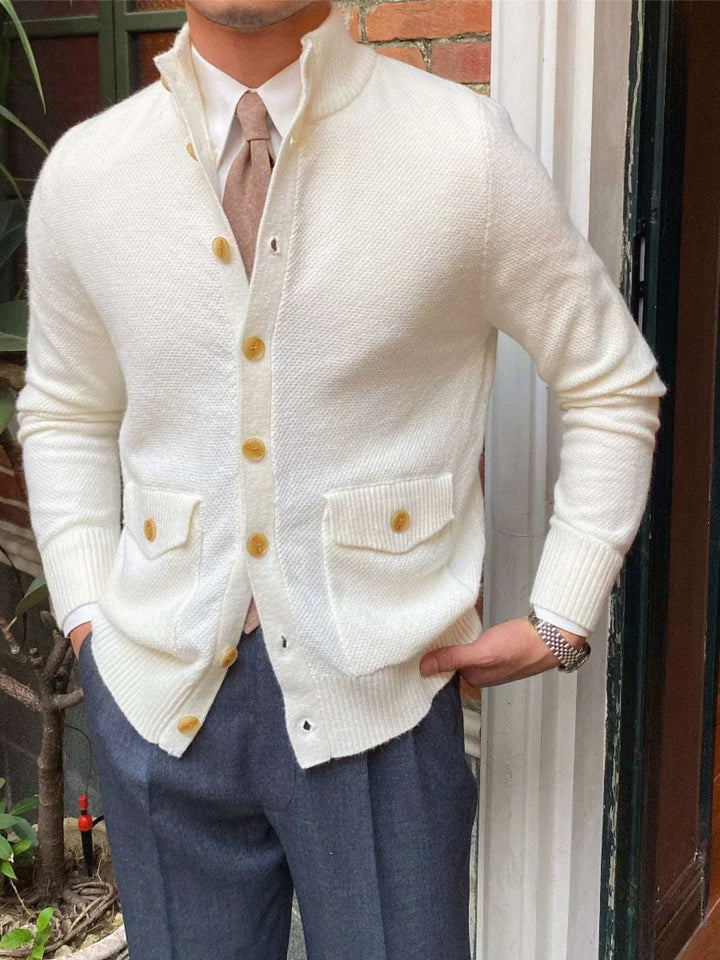 Mr. Lu San cardigan white wool blend with brown buttons and front pockets for classic British style and warmth