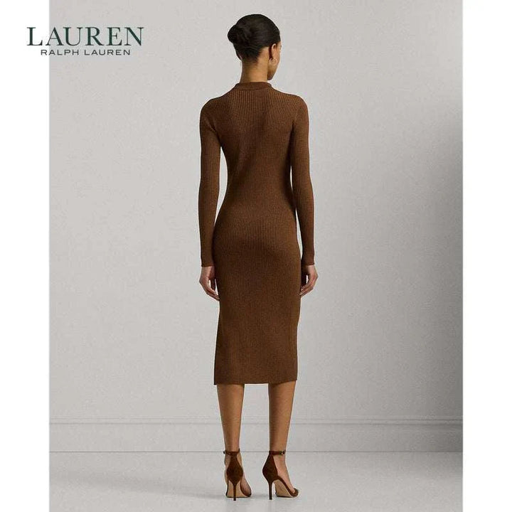 فستان لورين نسائي كلاسيكي محبوك بني بأكمام طويلة وطول متوسط مع شق جانبي يناسب المناسبات اليومية والأنيقة