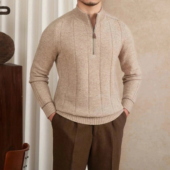 Mr. Lu San's 30% wool beige sweater with half-zip collar and ribbed cuffs for warmth and comfort