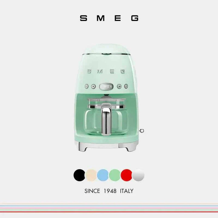 Smeg DCF02 drip coffee maker in pastel green with glass carafe and LED display