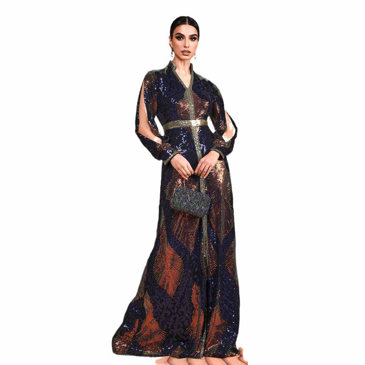 Elegant royal embroidered caftan with shimmering details in dark blue, gold, and copper.