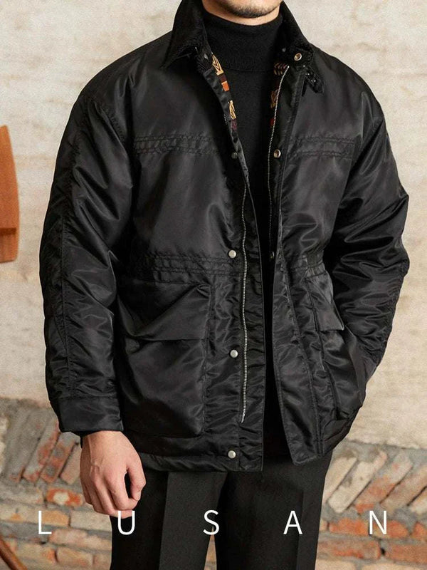 Mr. Lusan jacket Italian waterproof lightweight warm casual black jacket with corduroy collar and metal zipper