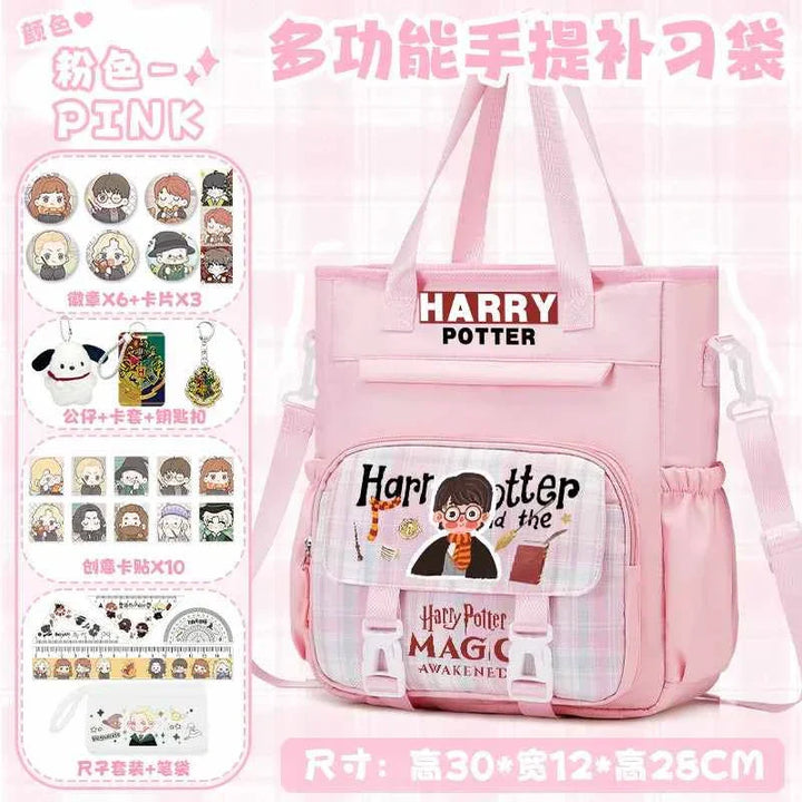 Pink Harry Potter themed multifunctional school backpack with cartoon character design and free 27-piece accessory set