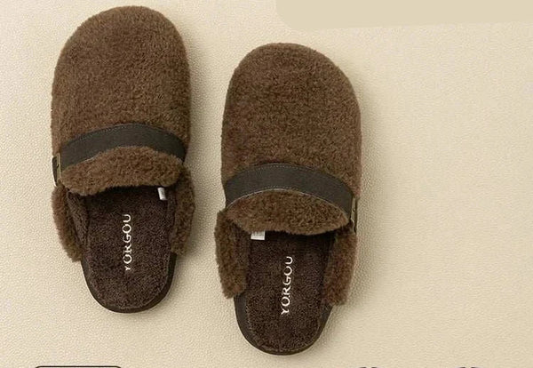 شباشب dalaxiong القطنية بنعل مبطن وتصميم أنيق مع حزام PU قابل للتعديل باللون البني للراحة المنزلية