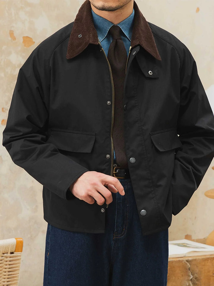 Mr. Lusan Jacket retro windproof hunting suit with brown velvet collar and durable front pockets in black color