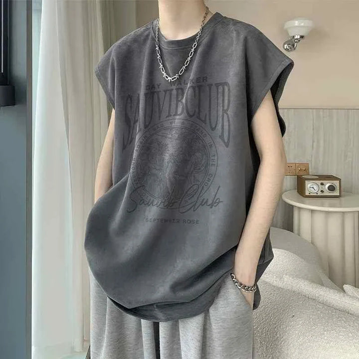 Sleeveless SAUVIBCLUB graphic t-shirt in dark gray with bold street style design and comfortable fit