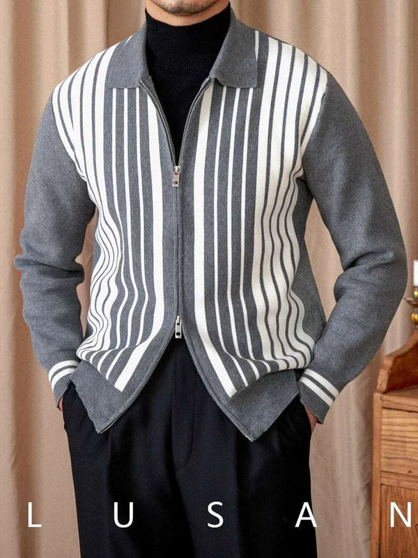 Mr. Lu San British slim knitted cardigan with vertical stripes in gray and white, slim fit with double zipper and classic collar