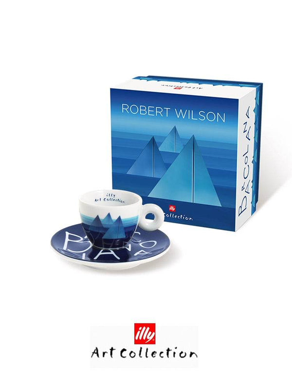 كوب إسبريسو illy 2025 من مجموعة روبرت ويلسون بفن هندسي أزرق مع صحن مزخرف مصنوع من بورسلان لامع عالي الجودة