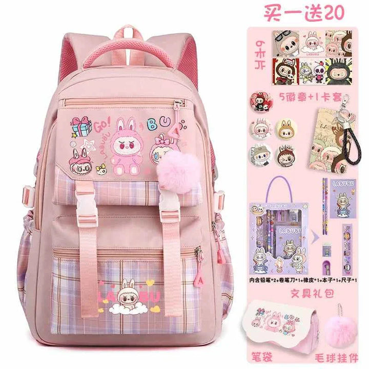Pink LABUBU cartoon design school backpack with large capacity and 20-piece free stationery set including pens, notebooks, and accessories