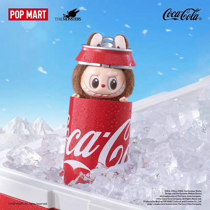 POPMART The Monsters - Coca-Cola Series blind box collectible toy in a Coca-Cola can design, featuring a cute character peeking with bunny ears.