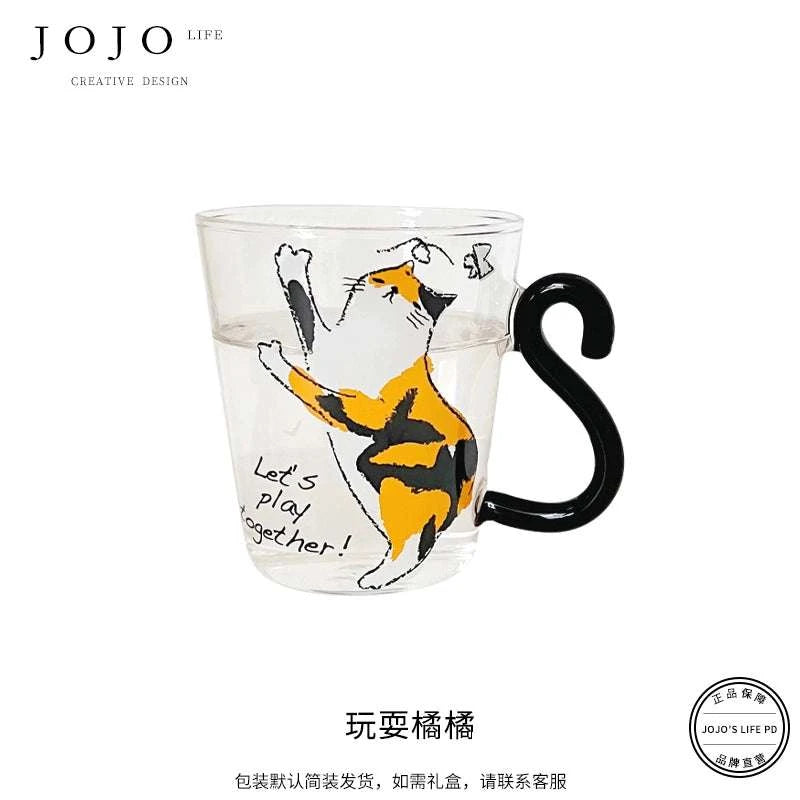 JOJO hand-painted cute cat glass coffee cup.
