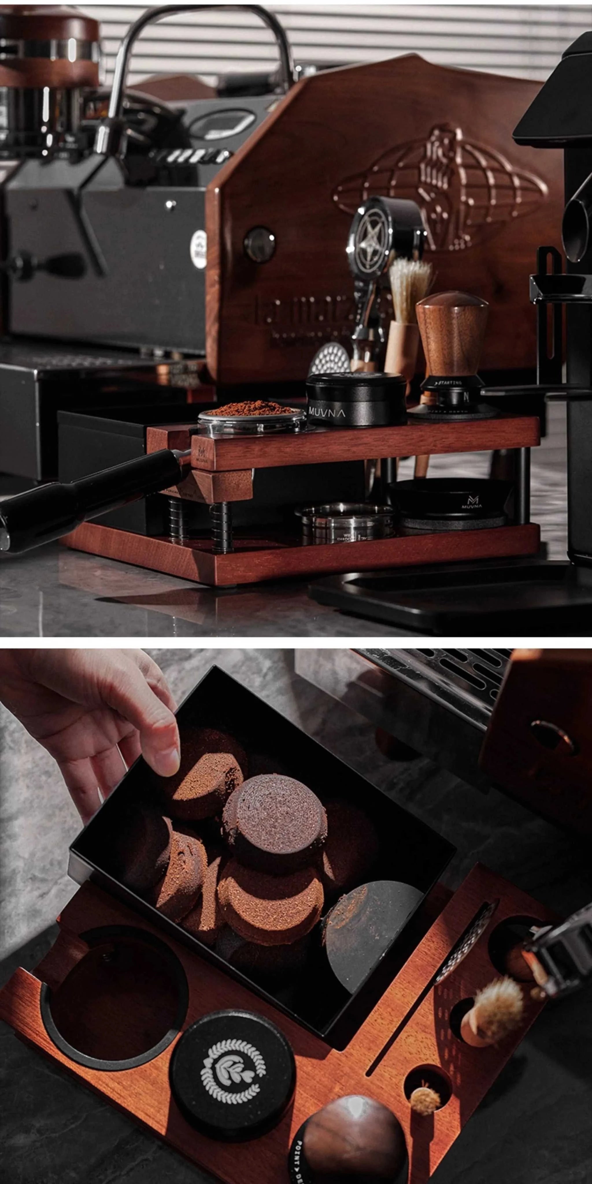 MUVNA Espresso Solid Wood Tamping Stand.