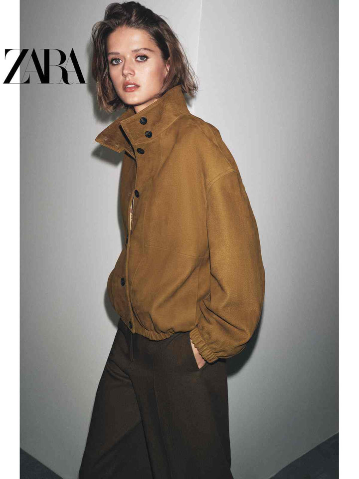 جاكيت بومبر جلد نسائي خريف ZARA2025 أنيق بني اللون بتصميم عصري