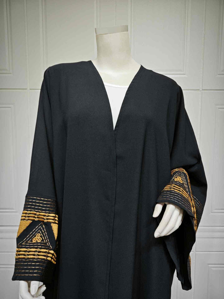 Wide-sleeve embroidered abaya with geometric designs, MQ107.