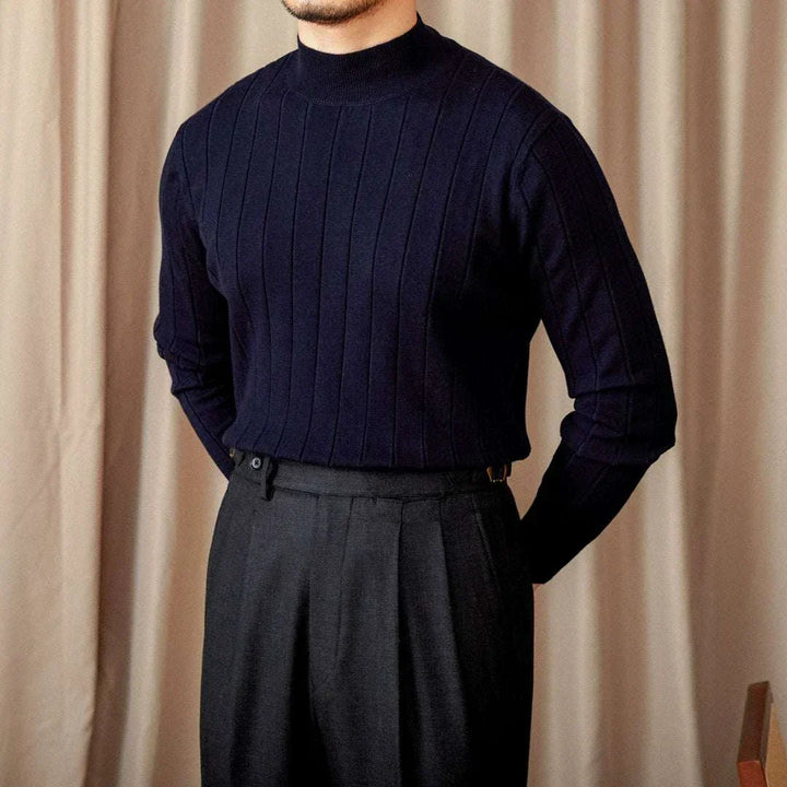 Mr. Lusan pullover slim navy wool semi-turtleneck sweater with vertical stripes and Italian stitching
