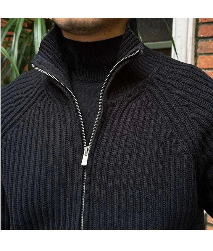Mr. Lusan cardigan retro slim كارديجان مضلع أسود برقبة مرتفعة وسحاب مزدوج للرجال