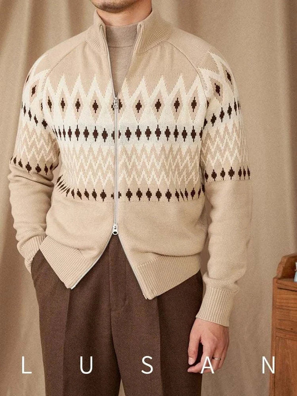 Mr. Deer Three Indian Sweater cardigan slim fit beige with geometric patterns and double zipper collar