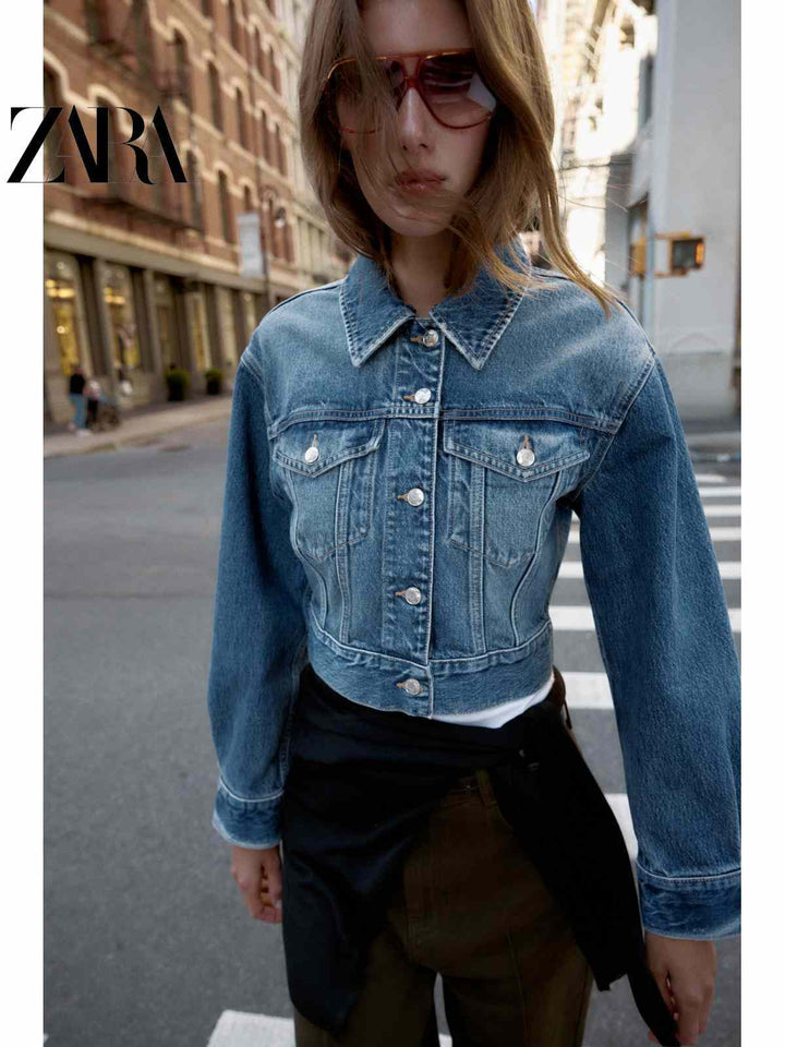 ZARA Short Denim Jacket for women with brown fur collar, casual and stylish design, durable and comfortable for daily wear