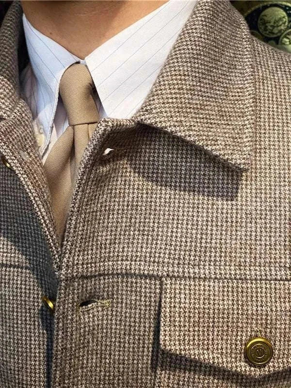 Mr. Lusan thick warm woolen casual jacket in beige and gray with gold buttons and classic collar