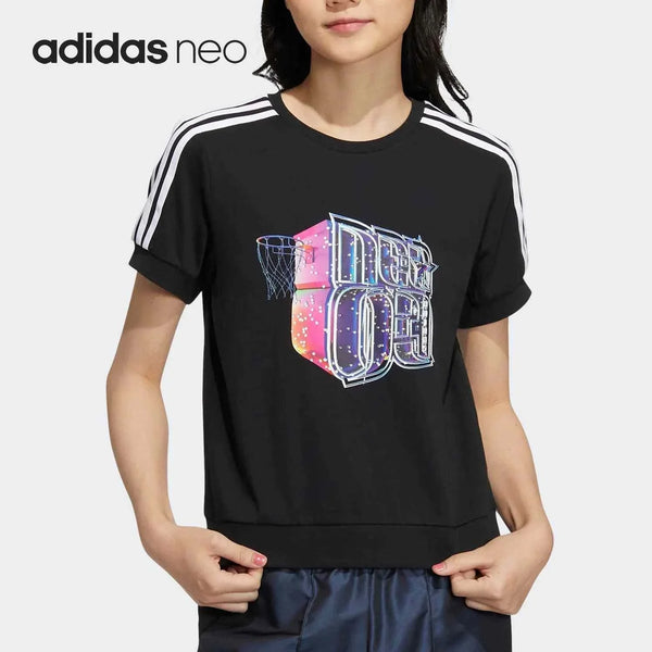 Black Adidas t-shirt with colorful graffiti design and iconic three white stripes on shoulders, casual and sporty style.