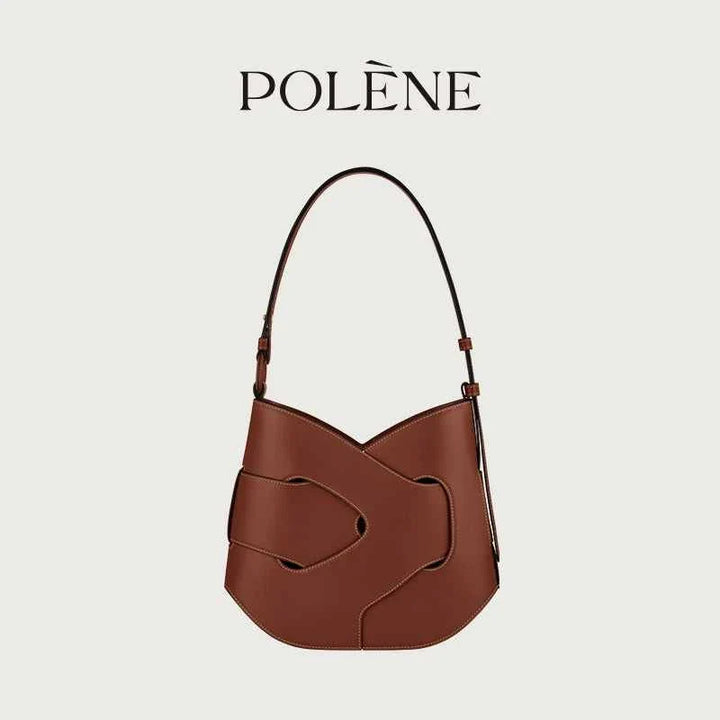 Polène Nodde Hobo brown full grain cowhide leather shoulder bag with adjustable strap and sleek asymmetrical design
