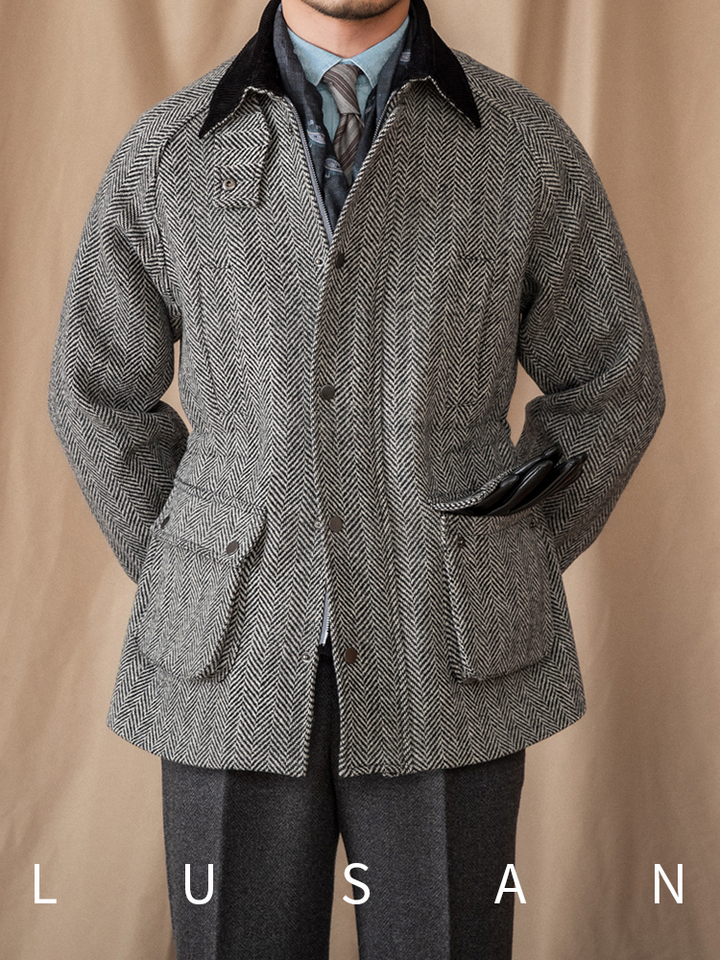 Mr. Lusan 100% wool جاكيت gentleman Italian grey and black herringbone wool jacket with black velvet collar and cuffs, front flap pockets, and double zipper closure.