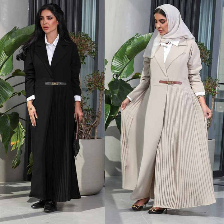 Elegant pleated abaya cardigan robe with belt and gold buckle in black and beige, perfect for formal occasions.