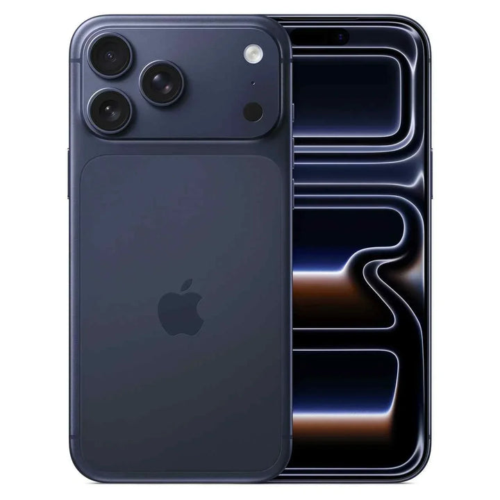 Apple iPhone 17 Pro Max front and back view with triple cameras and sleek black design