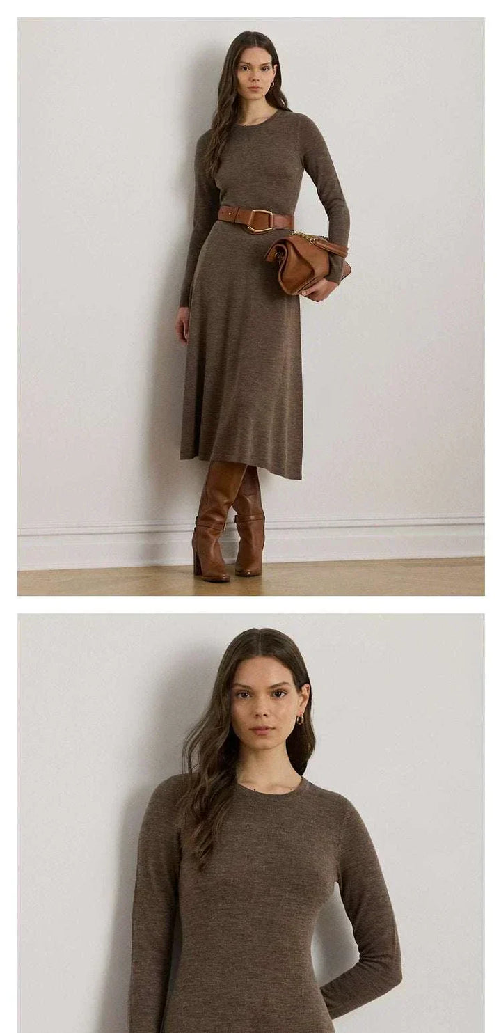 فستان لورين نسائي بني ضيق من الأعلى واسع من الأسفل بياقة دائرية وأكمام طويلة بقماش محاك ناعم مناسب للشتاء والمناسبات