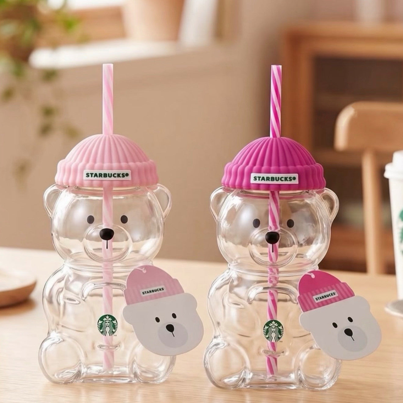 أصلي 100% كوب Starbucks زجاجي على شكل دب مع مصاصة