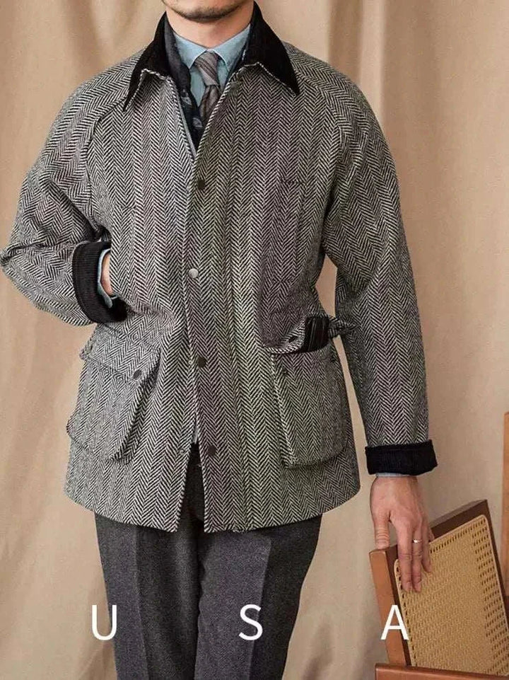 Mr. Lusan 100% wool جاكيت gentleman Italian wool herringbone jacket with velvet collar and cuffs in grey and black for men