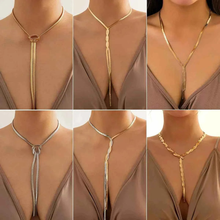 عقد نسائي معدني ستايل هيب هوب بتصميم سلسلة عظم الثعبان طويل هندسي عصري مناسب لموضة 2025 إطلالات أوروبية وأمريكية