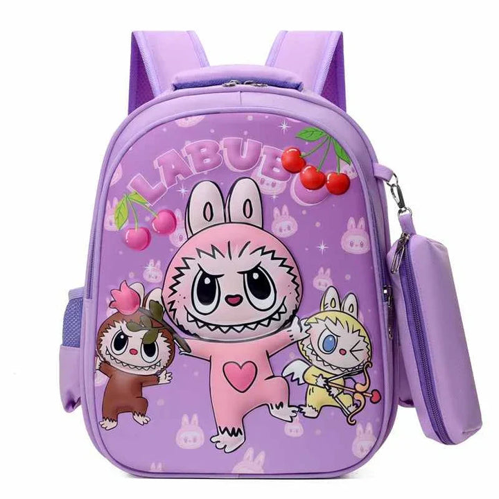 Purple LABUBU cartoon backpack with cute character design, lightweight and spacious, with multiple pockets and padded shoulder straps for kids.