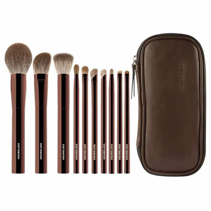 Hourglass professional makeup brush set with soft bristles and elegant brown case