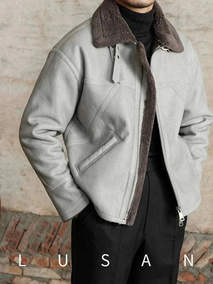 Mr. Lu San leather jacket grey with sherling lining and double zipper detailing
