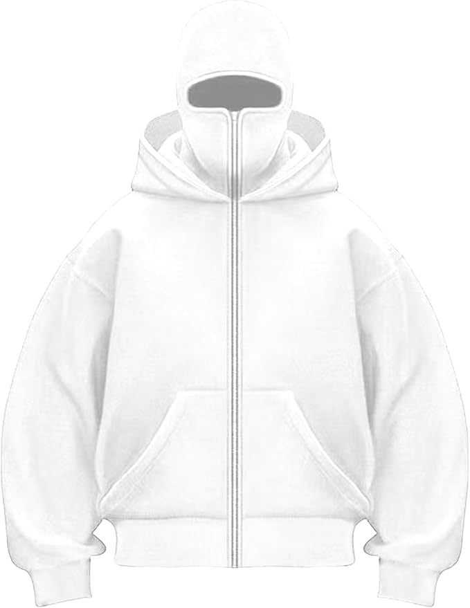 هودي النينجا الأبيض بسحاب وقناع مدمج لتدفئة وراحة في الطقس البارد
