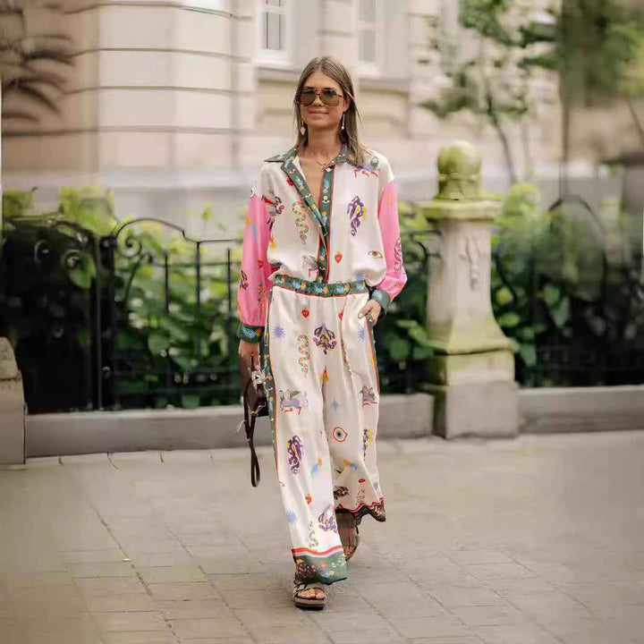 European and American stylish linen print long-sleeved suit, casual fashion macaron design.