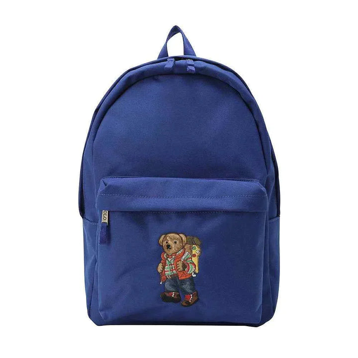 Blue Polo Ralph Lauren backpack with iconic bear embroidery and front zip pocket, durable fabric, and practical design.